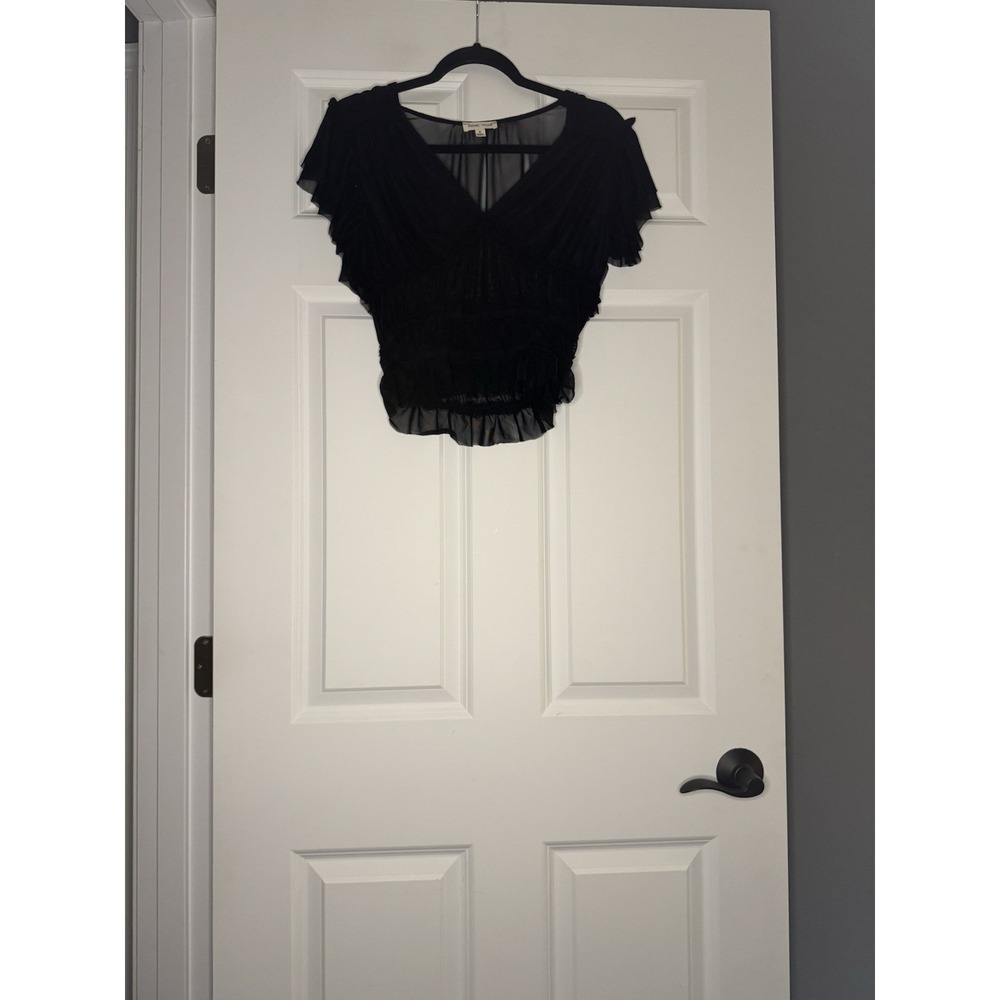 Moa Moa Sheer Ruffle Crop Top Short Sleeve Black Medium